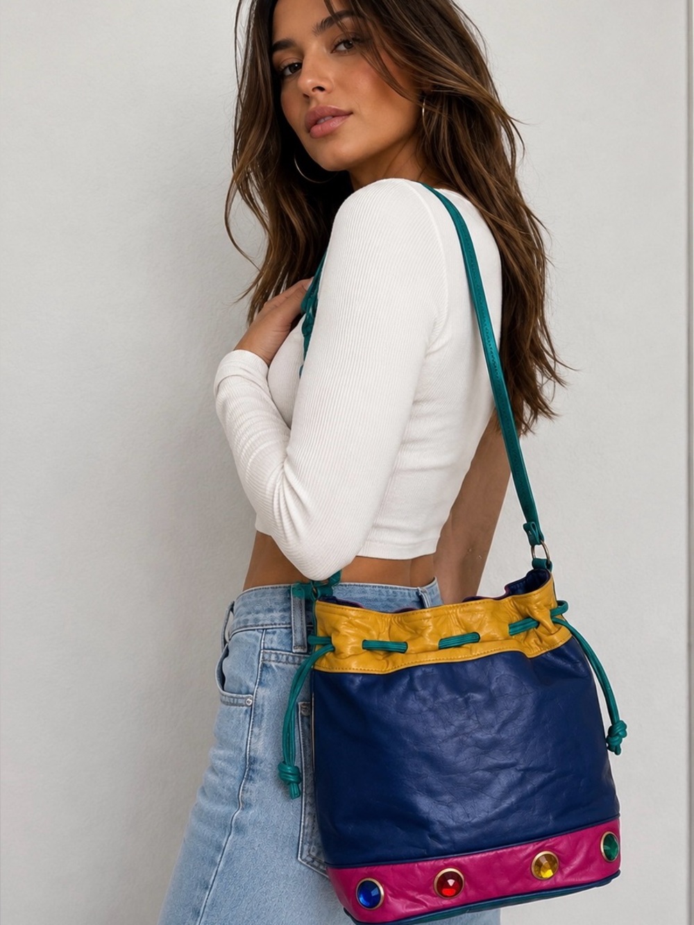 Vintage Samir Colorblock Leather Bucket Bag Made USA Rare